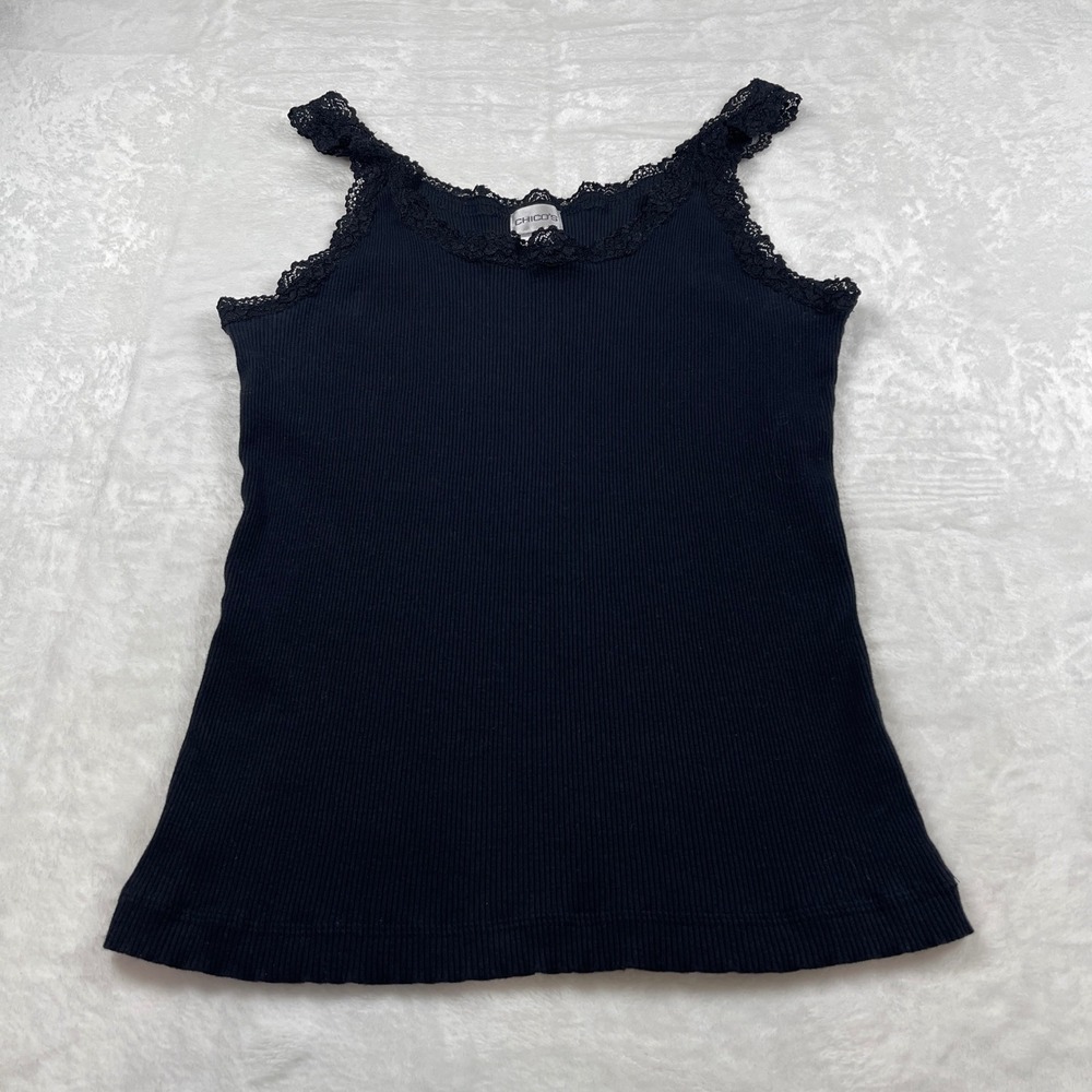 Chicos Womens Black Ribbed Lace Trim Tank‎ Top Scoop Neck Camisole Size 3 L XL